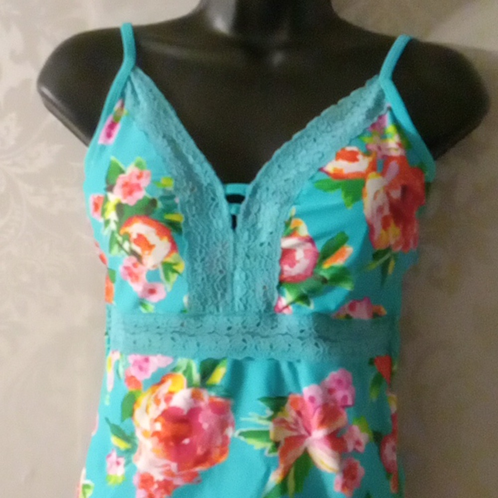 Time and Tru Floral One Piece Swimsuit - Teal and Pink - Picture 2 of 4